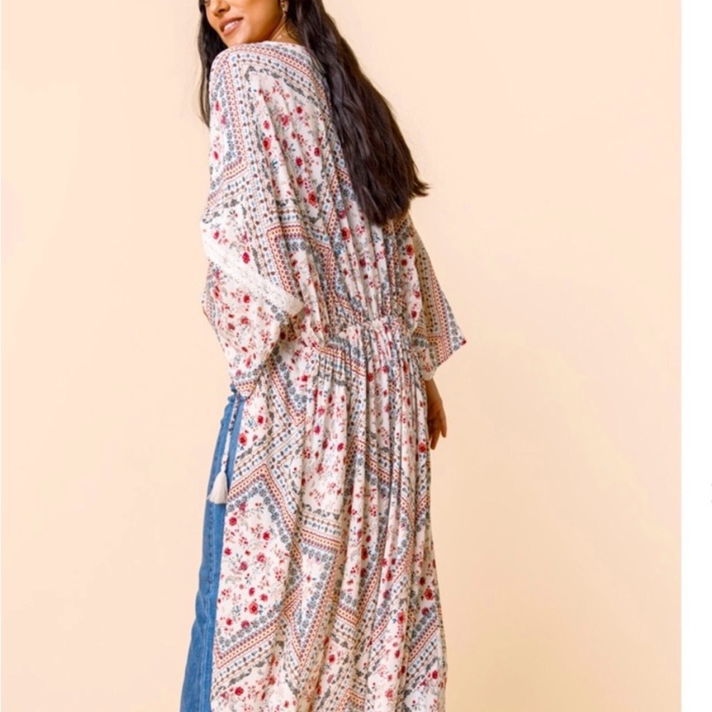 Alya Dainty Floral Boho Kimono Duster Topper High Low Hem S/M Indie‎ Festival